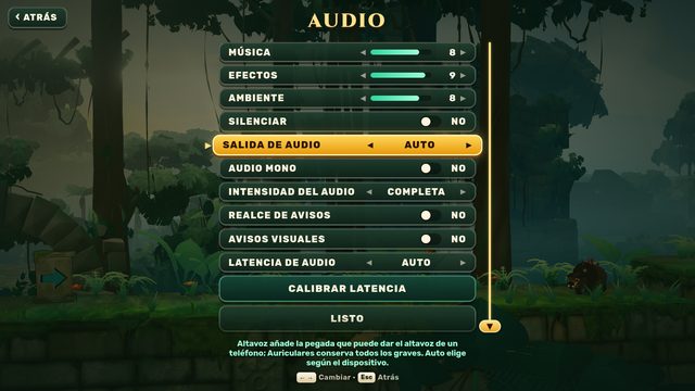 Menú de audio y accesibilidad del juego con controles de música, efectos, audio mono e intensidad.