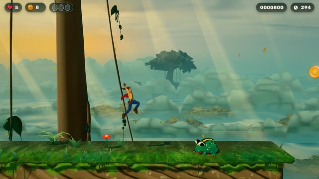 Mara colgada de una liana sobre un mar de nubes, con un sapo en la plataforma de abajo.