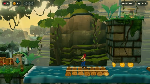 Mara de pie sobre una balsa de troncos en un río de la selva, con más balsas y monedas delante.