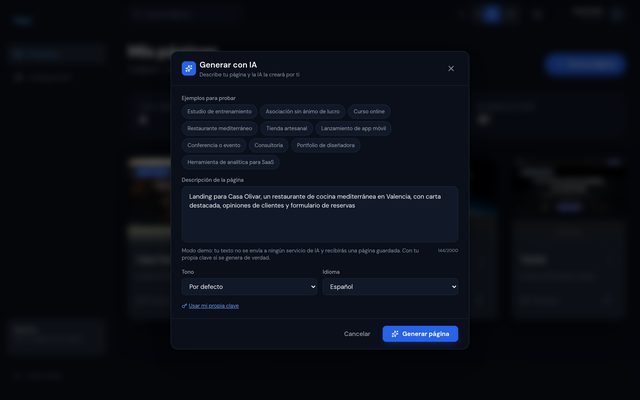 La ventana «Generar con IA»: diez ejemplos para probar, uno de ellos ya escrito en la descripción, y el aviso del modo demo: el texto no se envía a ningún servicio de IA y se recibe una página guardada; con tu propia clave se genera de verdad.
