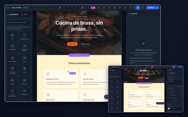 Dos ventanas del editor en la misma página. En la grande, la de la cuenta propietaria: dos avatares en la barra de arriba, el cursor de la otra persona con su nombre, irene_sala, y el bloque Características bloqueado a su nombre. En la pequeña, la ventana de irene_sala con ese bloque seleccionado.