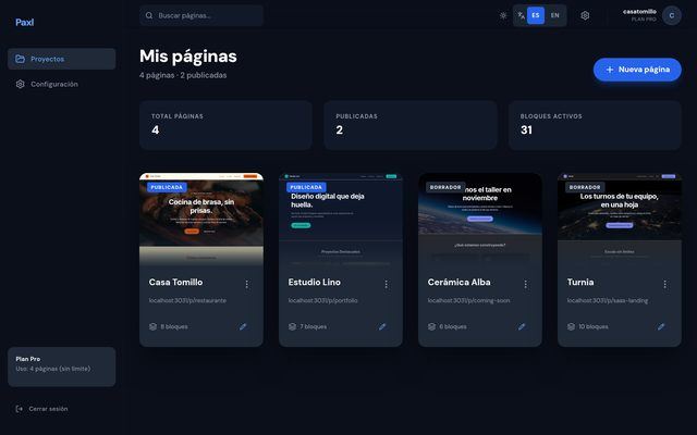 El panel «Mis páginas» con cuatro páginas, dos publicadas y dos en borrador, sus miniaturas y los totales de páginas, publicadas y bloques.