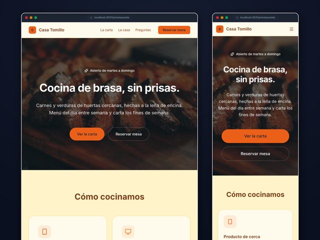 La misma página en los marcos de tablet y de móvil del editor. En la tablet el menú se ve entero; en el móvil se recoge en un botón y los botones del Hero ocupan todo el ancho.