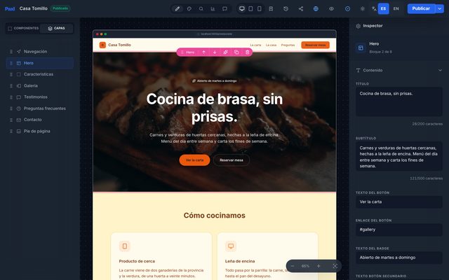 El editor de Paxl con la página de un asador ficticio, Casa Tomillo: la lista de bloques a la izquierda, el bloque Hero seleccionado en el lienzo y sus campos (título, subtítulo, botón, enlace) en el inspector de la derecha.