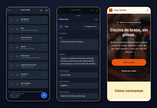 Tres móviles: el editor rápido con la lista de bloques de la página, la hoja para editar el Hero con el botón «Mejorar con IA» y la página publicada tal como se ve en el teléfono.
