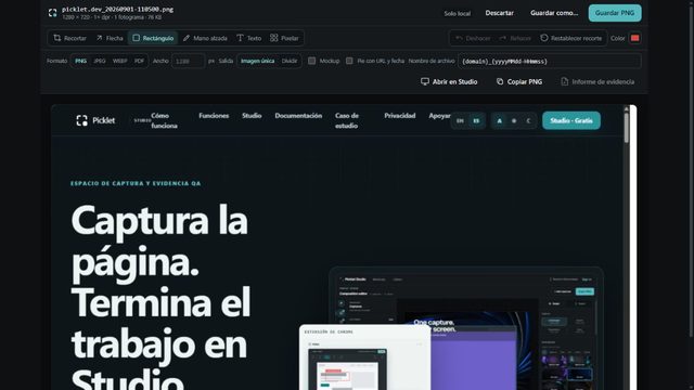 El editor de Picklet en español, abierto sobre una captura, con las herramientas de recorte, flecha, rectángulo, mano alzada, texto y pixelado.