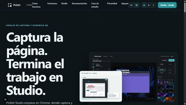 La web de Picklet en español, con el titular «Captura la página. Termina el trabajo en Studio».