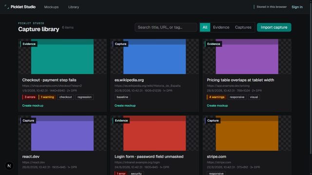 La biblioteca de Studio: buscador, filtros y tarjetas de informes con errores, avisos y etiquetas.