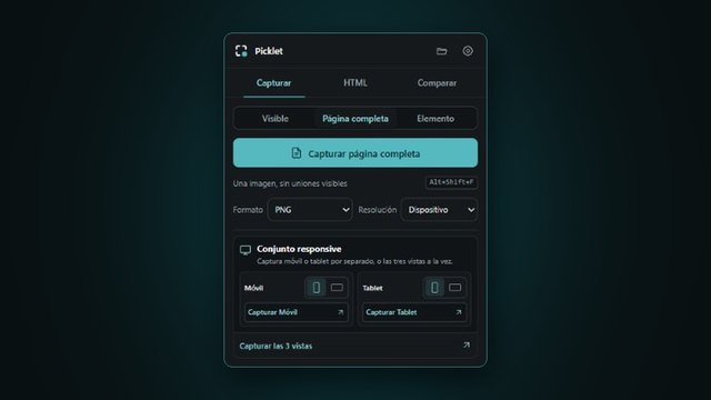El popup de Picklet en español: pestañas Capturar, HTML y Comparar, el botón «Capturar página completa» y el conjunto responsive.