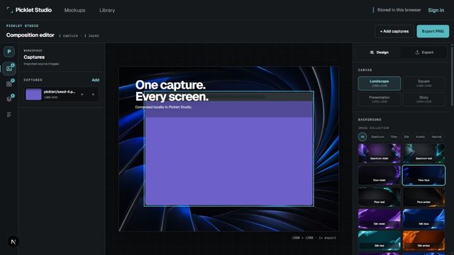 El editor de mockups de Picklet Studio: capturas a la izquierda, un mockup de navegador en el centro y las opciones del lienzo a la derecha.
